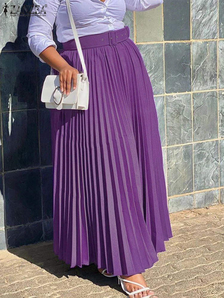ZANZEA Elastic Waist Women Maxi Skirts Elegant Pleated Overskirts 2025 Summer A-Line Big Swing Casual Belt Office Work Bottoms