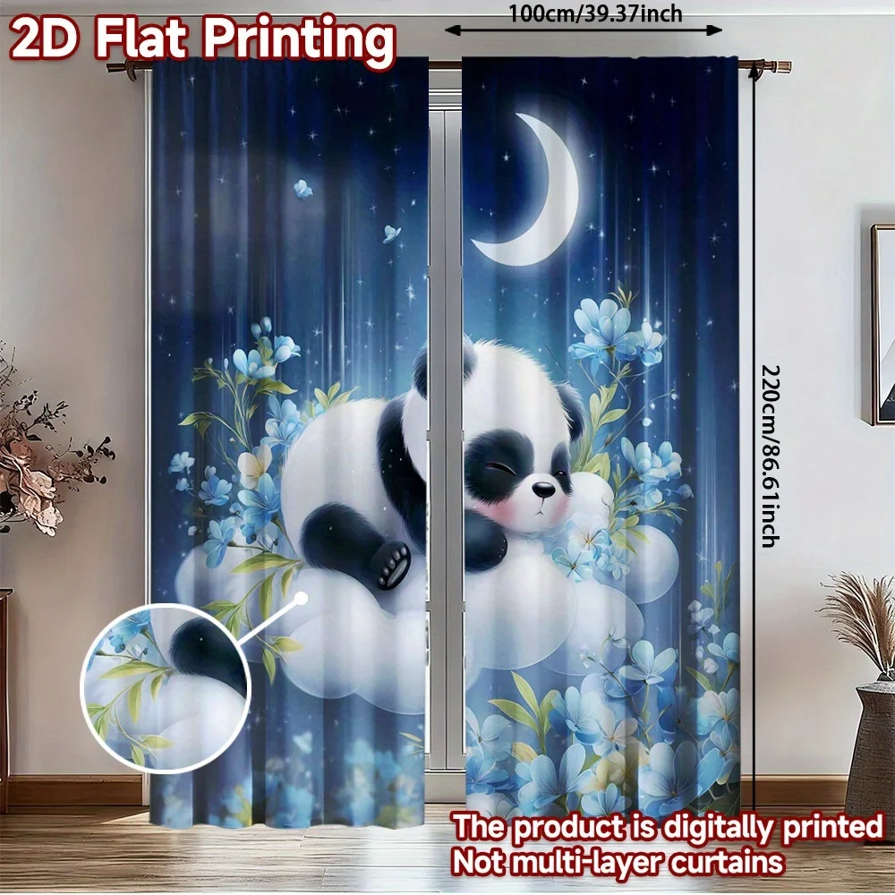 Cute Panda Galaxy Curtain Blue Night Sky Floral Polyester Waterproof Window Curtain for Kids Bedroom Home Decor