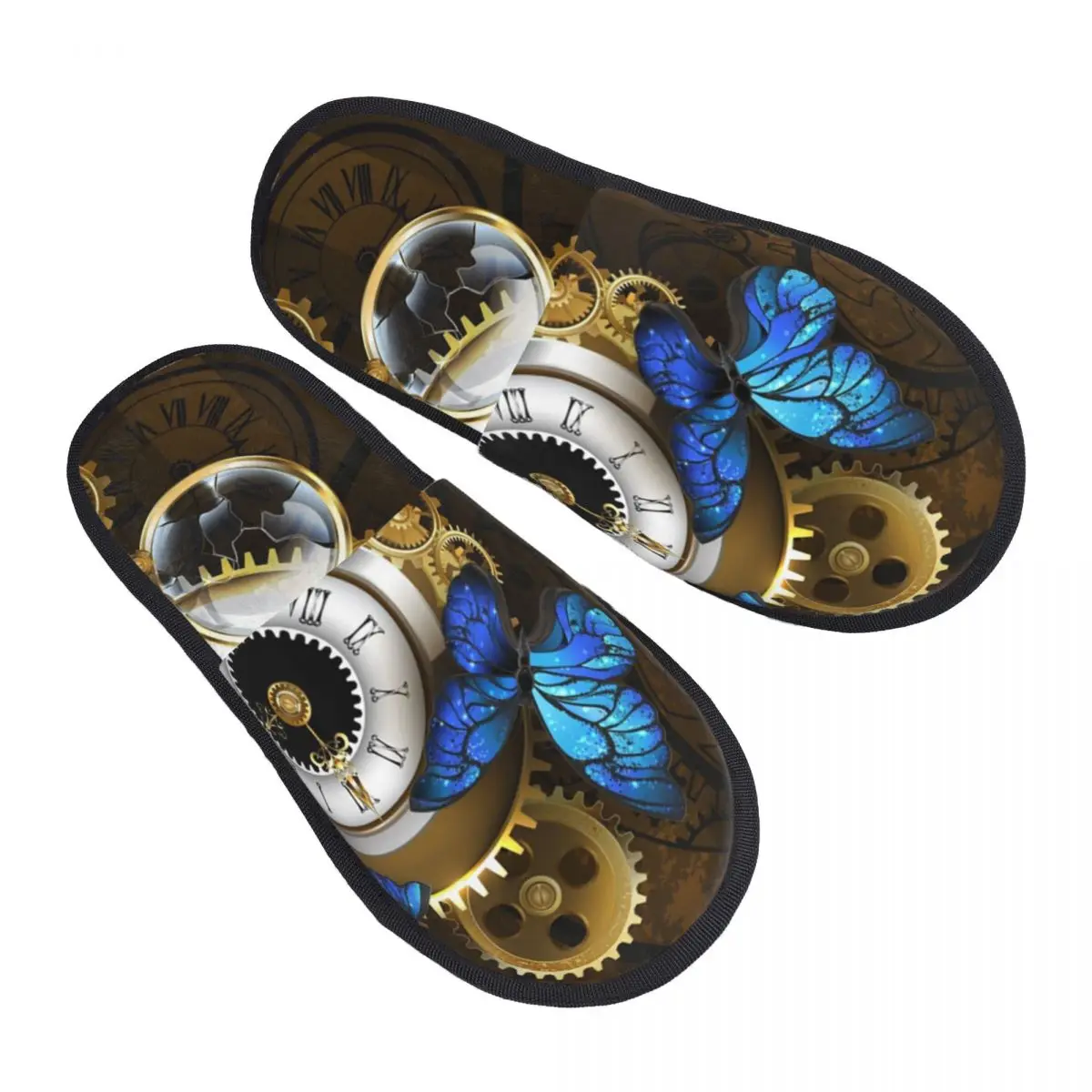 Silver Watches With Blue Butterflies Guest Slippers for Bathroom Women Custom Print Steampunk House Slipper