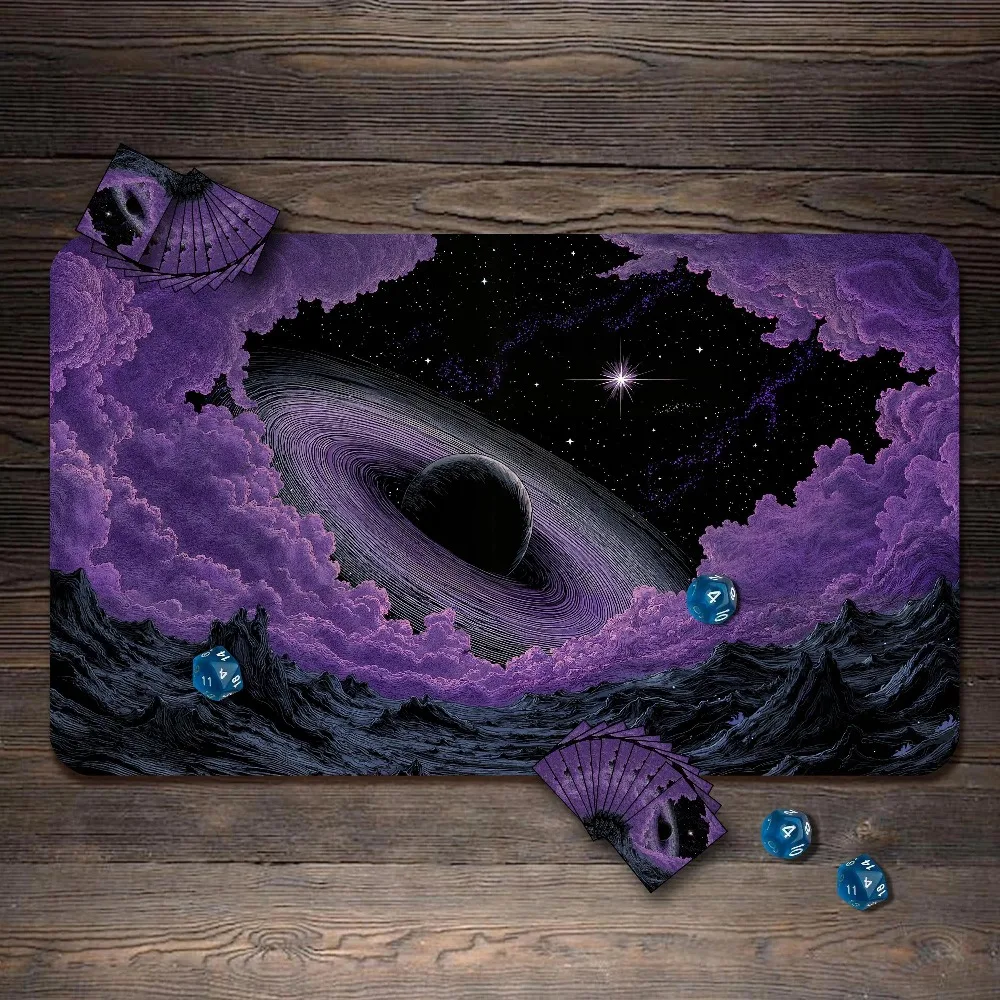 Purple Cosmic Sky TCG Playmat Ringed Alien Planet Dark Jagged Mountain Range Nebula Star Space Art Desk Mat for Card Game