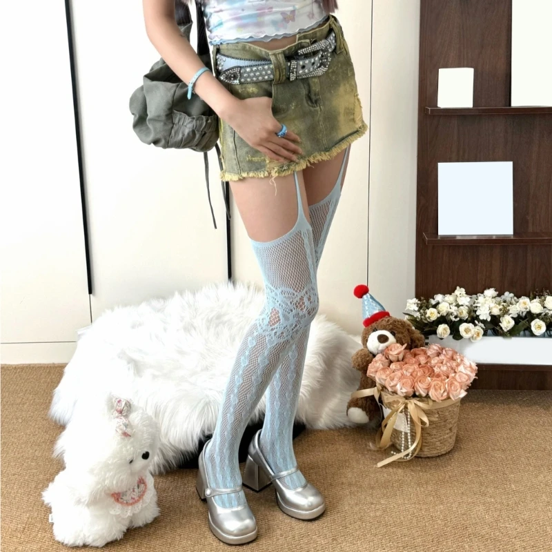 Women Hollowed Fishnet Garter Belt Pantyhose Subculture Punk Heart Patterned Sheer Thigh High Stockings Suspender Tights