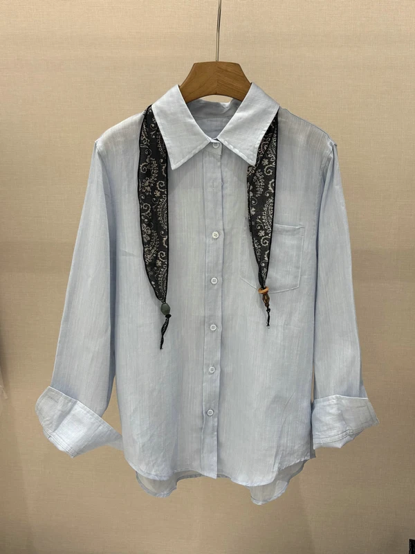 

Linen Women's Shirt Comfortable Breathable Lazy Style Spring Summer Floral Scarf Included Straight Cut Long Sleeve Button up