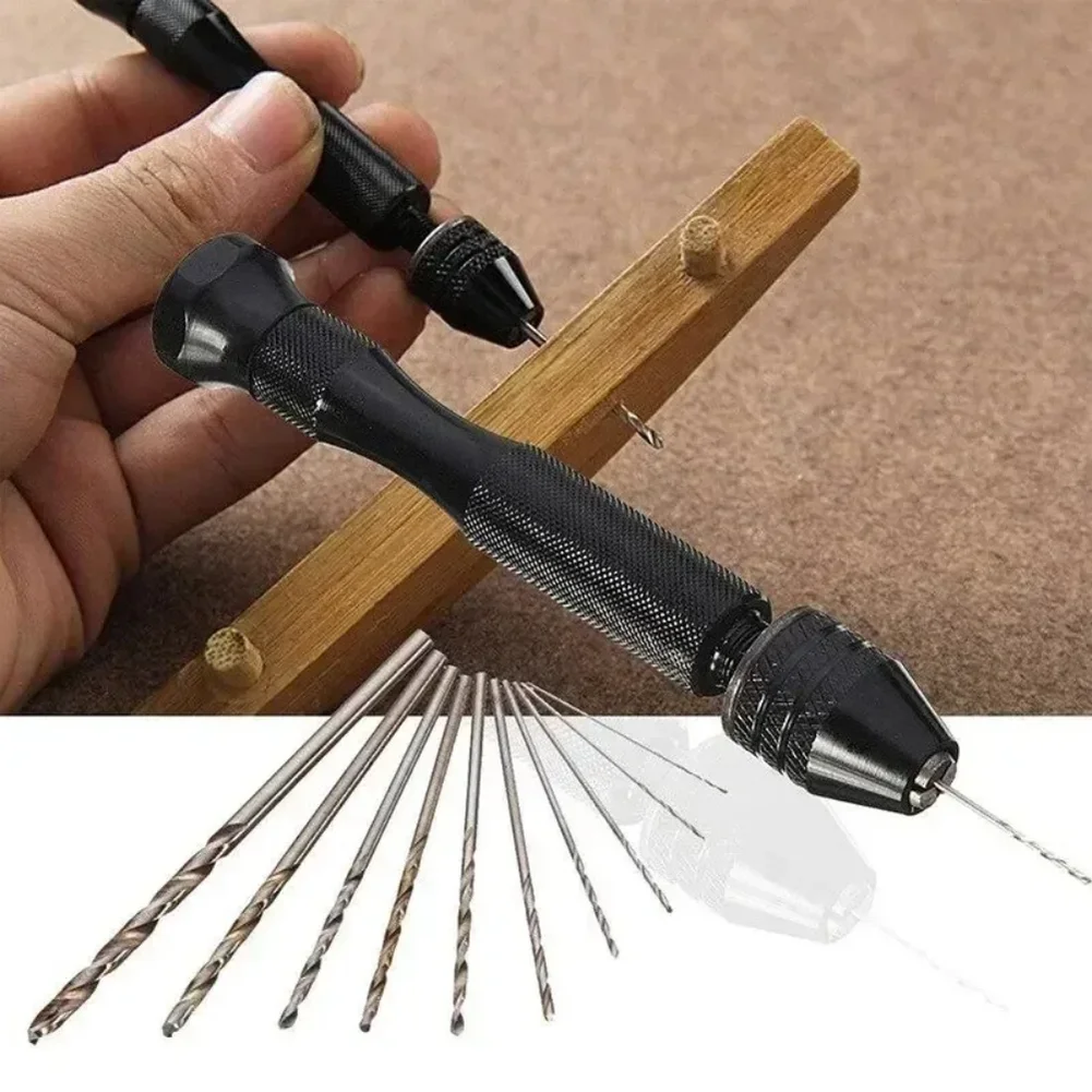 

Mini Tool Set with Black Hand Twist Drill 10Pcs Fried Dough Twists Drill for Woodworking Drilling Rotary Wood Holes Tools