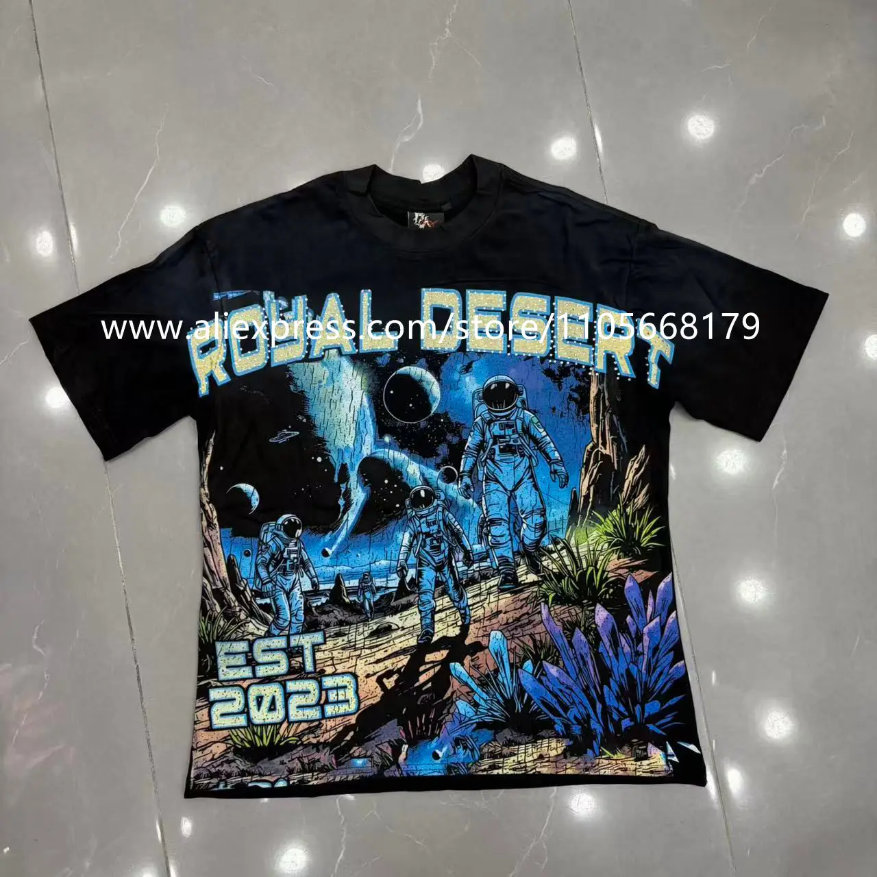 High-Quality Rhinestone-Printed Short-Sleeve T-Shirt, Washed and Distressed with White Ink Direct-Print High-Definition Printing, Rhinestone Patchwork, Color-Blocking Short-Sleeve, Fashionable Loose Fit, Niche High Street Fashion