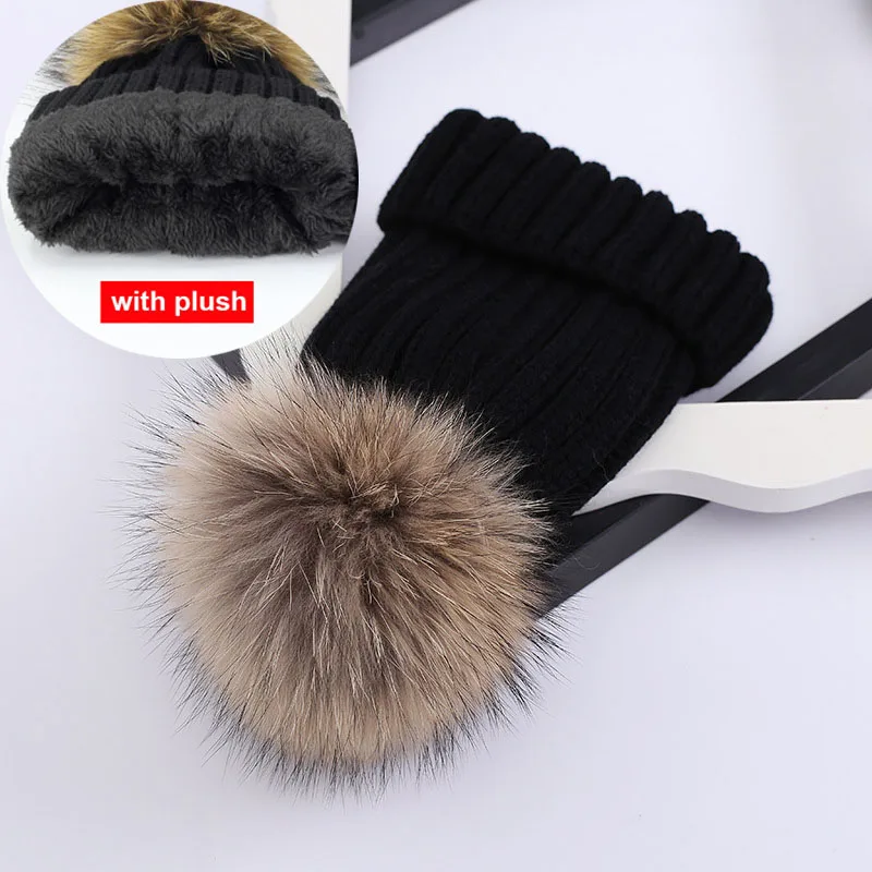 parent-child Winter warm knit hat with Plush Women casual solid striped skullies gorros Ski hats Kids real fur pompom beanie cap
