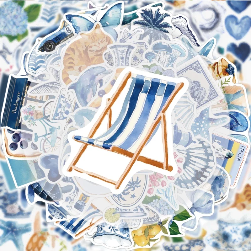 50 Blue Ocean Graffiti-Aufkleber, lebendige Aufkleber, geeignet zum Dekorieren von Wasserflaschen, Laptops, Handys, Gepäck, Skateboards, Gitarren, Geschenkboxen, Partydekorationen