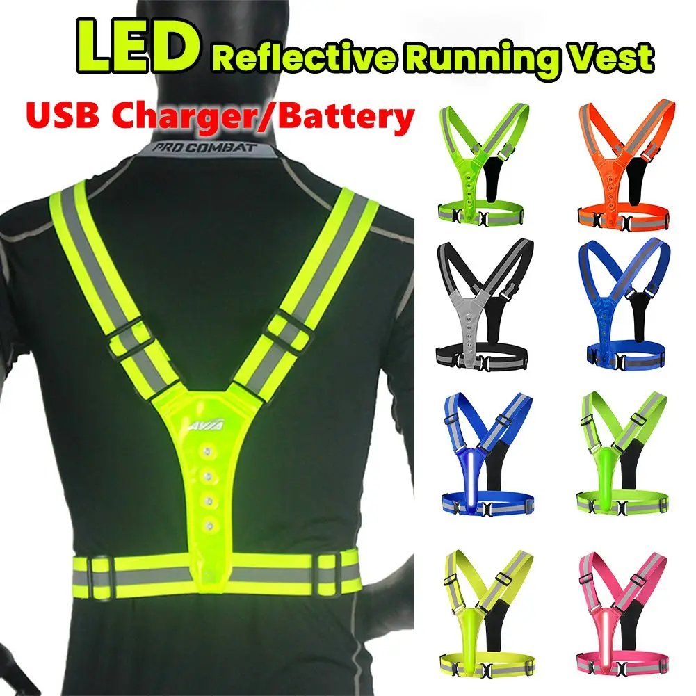 LED Running Vest USB Rechargeable Reflective Security Vest Adjustable Night Running Riding Clothing High Visibility Elastic Band