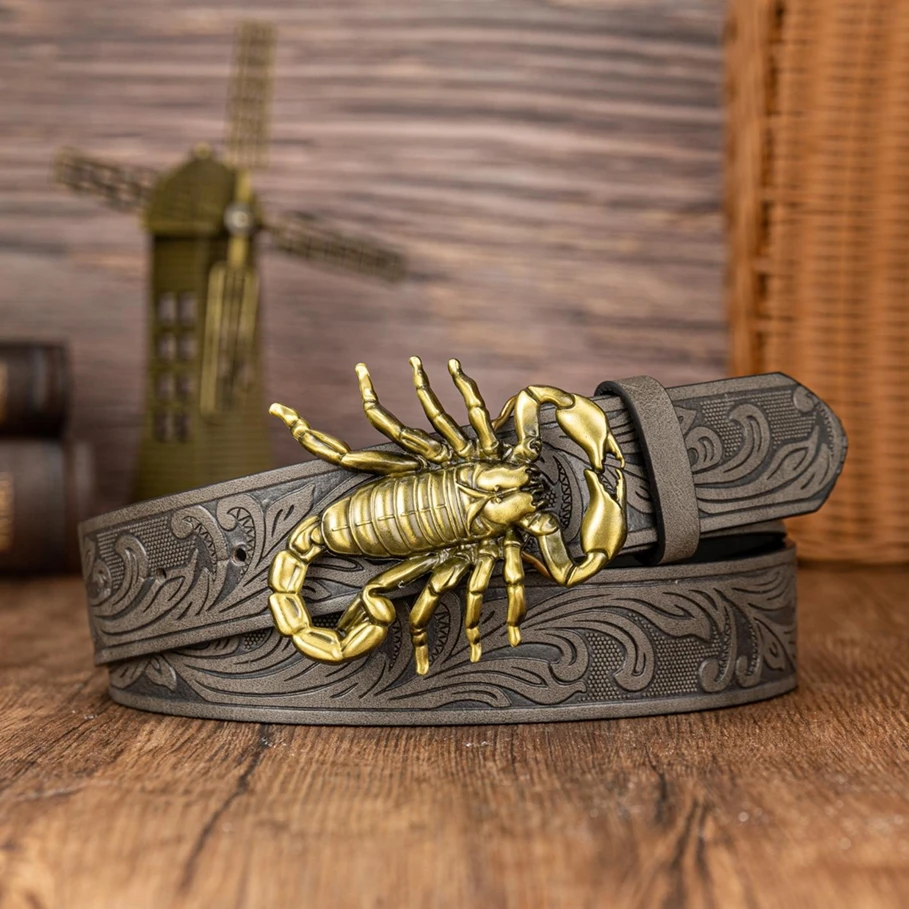 Golden Scorpion Large Buckle, Personalized and Trendy Phoenix Tail Pattern, Retro Embossed Western Denim Belt view 5