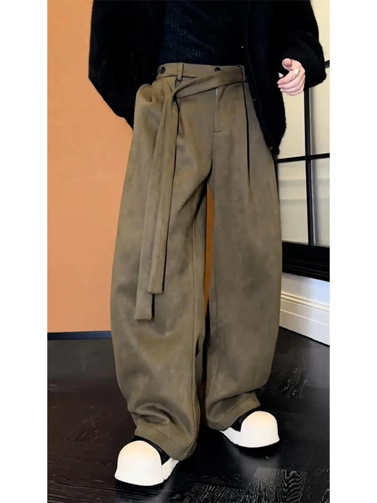 Suede Ribbon Suit Pants For Men, Spring And Autumn Wide Leg Curved Knife Pants High Waist Pants, Hanging Straight Leg Casual
