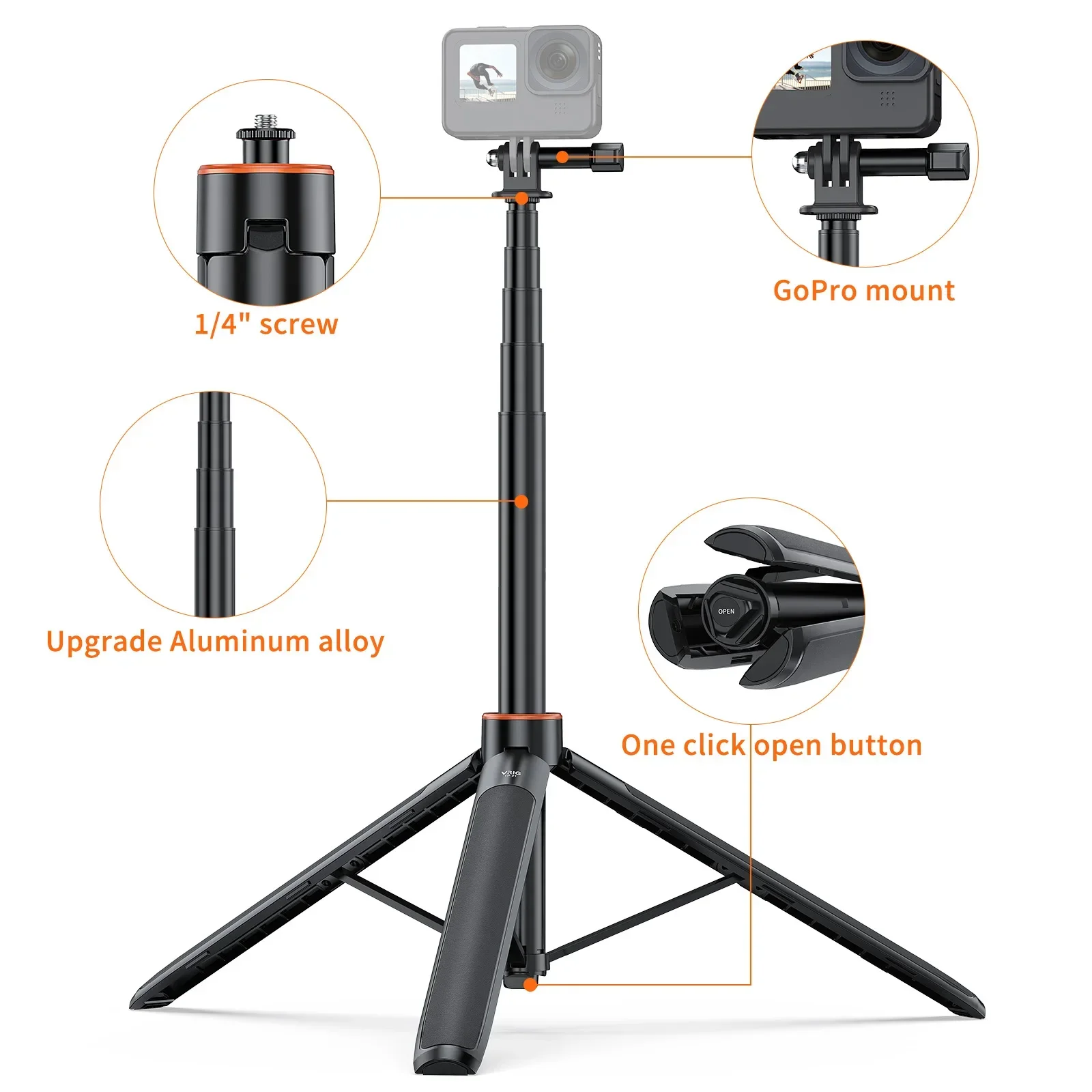 VRIG TP-21 138cm Extended Selfie Stick Tripod Mini Portable Tripod for GoPro 12/11/10 Insta360 x3 ace Action Camera Vlog Stand