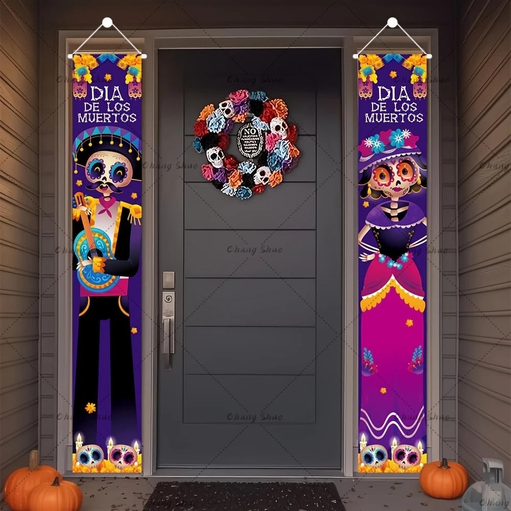 Mexican Day Of The Dead Party Porch Sign Halloween Hanging Door Curtain Banner Picado Papel Mexican Fiesta Sign Party Decoration