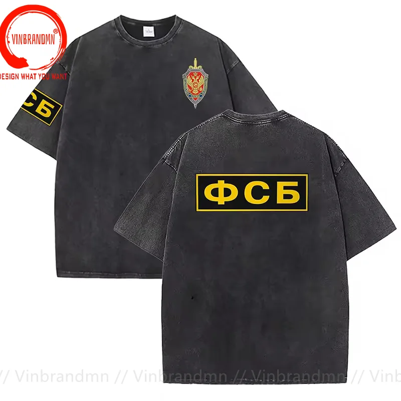 FSB Russian Federation Security T Shirt Men Vintage Washed Cotton Custom Print T-shirt Fashion Summer Loose Streetwear Clothing