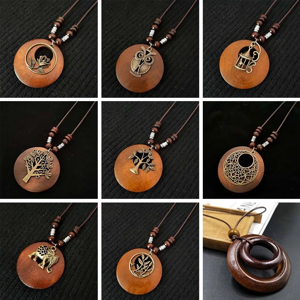 Wooden Retro Female Jewelry Vintage Leather Lanyard Collar Decoration Necklace Sweater Necklace Sweater Chain Clothing Pendant