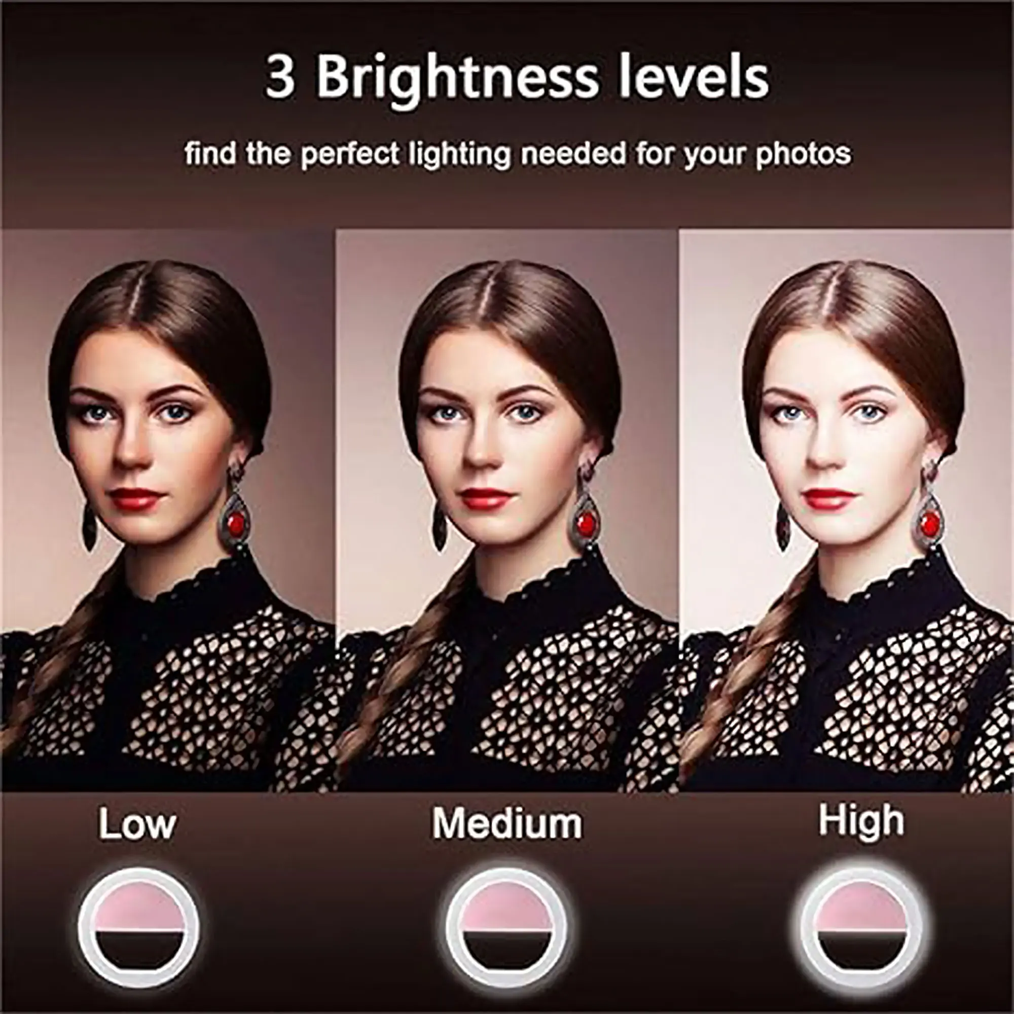 Generic Clip-On LED Selfie Ring Light. Universal and Portable with Adjustable Brightness，Rechargeable 3 Adjustable Light Levels