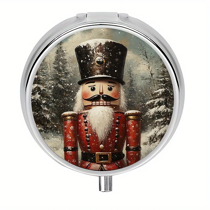 Single-piece, flat, round three-compartment pill box, featuring a Christmas nutcracker circular pattern design, portable vitamin storage box, elegantly designed, suitable as a niche gift or birthday present, made of metal