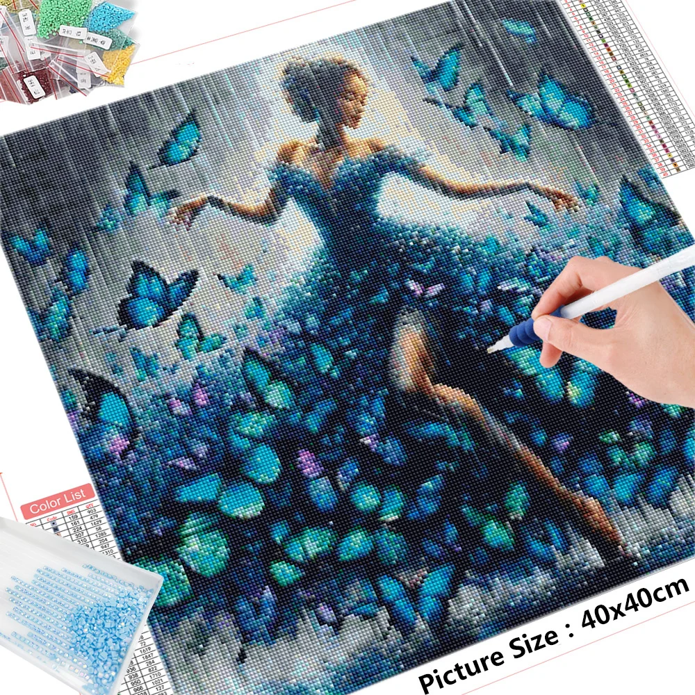 HUACAN Diamond Mosaic Girl Full Round Square Diamond Painting Animal Butterfly Home Decor Rhinestone Pictures Gift