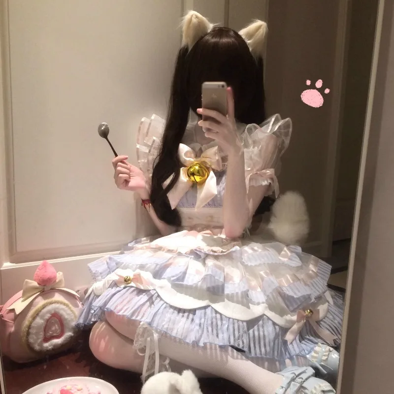 Ballet Girls Maid Lolita Dress Sweet Alice Cosplay Costume Blue Pink Bow Bell Heart Apron Tiered Princess Party Dress for Women