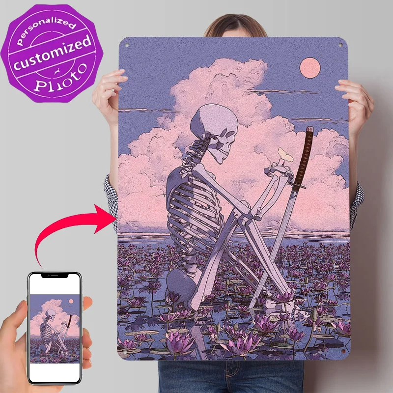 Tired Skeleton Poster Retro 3D Printed Metal Signs Customized Wall Hanging Gift for Luxury Decoration Home Decor Ornaments House