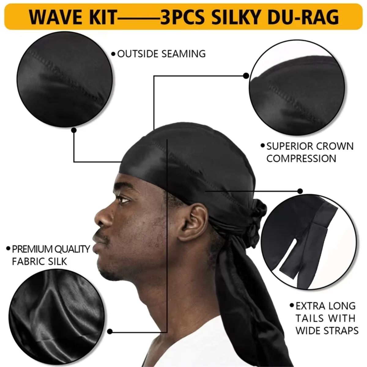 Men's Silky Turban Head Wrap Hat Wig Men Women Satin Couple Biker Headwear Headband Hair Accessories Extra Long Tail ,Pirate Hat