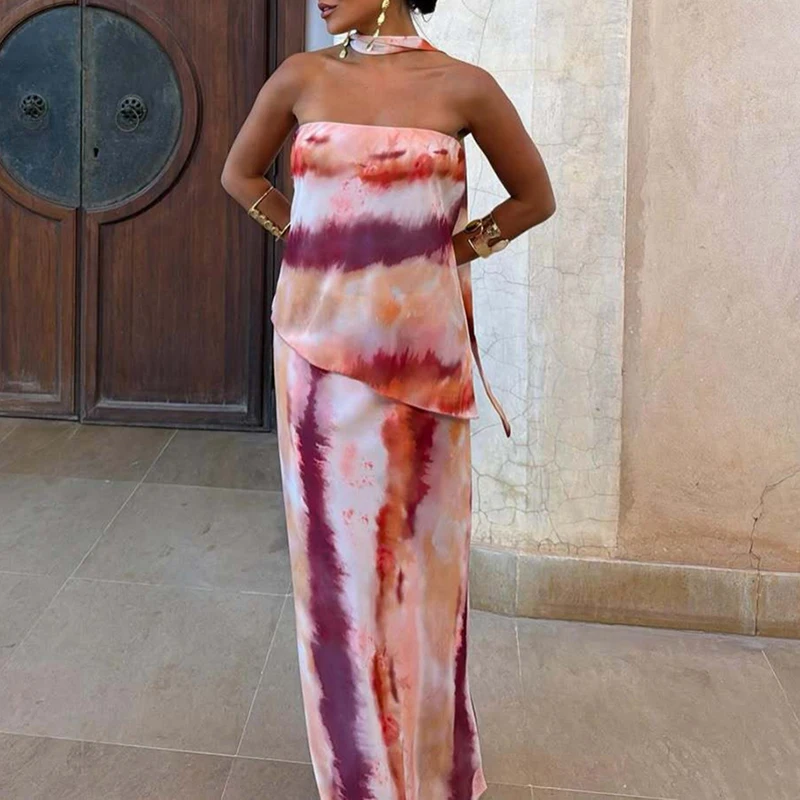 

Fashion Tie Dye Expos Backless Club Party Dress Temperament Straight Tube Sleeveless Dress Elegant Strapless High Waisted Dress