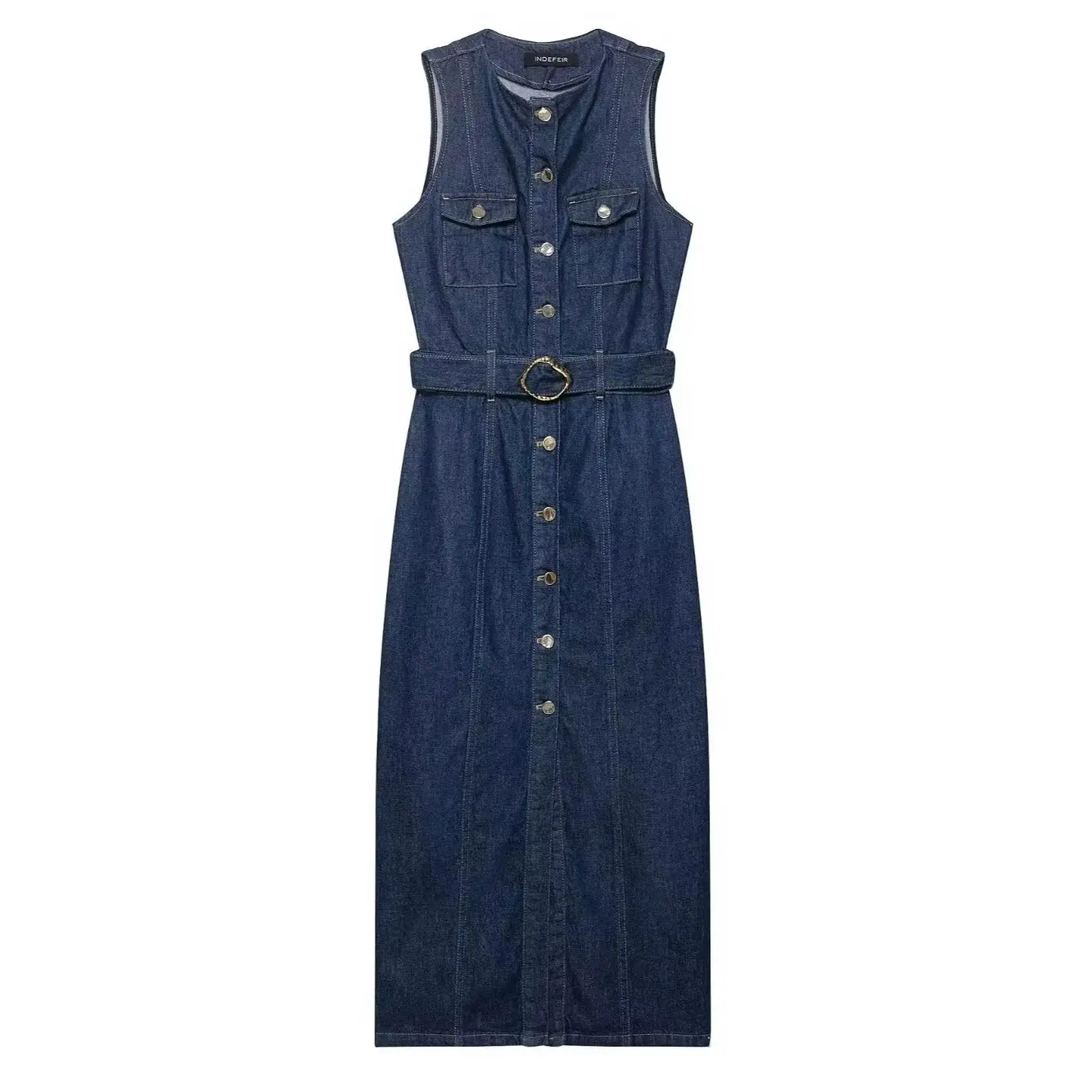 

KONDALA шикарное джинсовое элегантное однотонное женское платье однобортное тонкое платье с разрезом для учителей мода 2025 без рукавов с поясом Vestidos