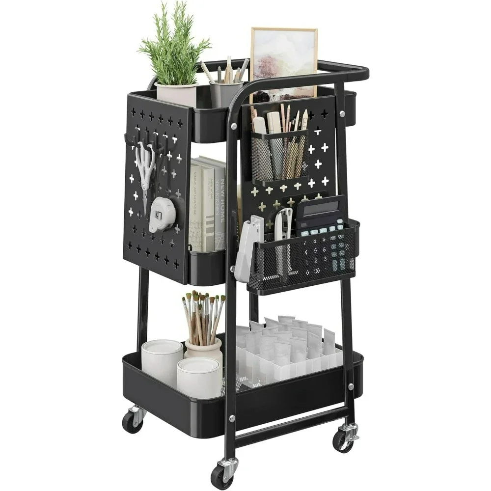 

3-Tier Storage Cart, Rolling Utility Cart, Metal Mesh Shelves, 2 Removable Pegboards, 2 Hanging Holders, 4 Hooks, Craft Cart