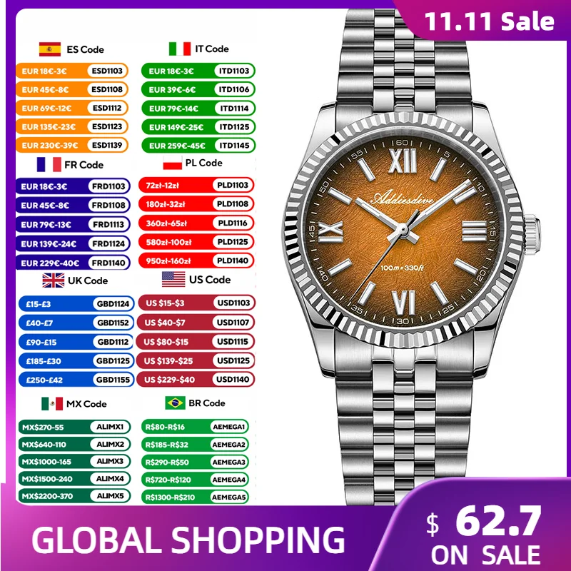 ADDIESDIVE New Men's Watch VH31 Sapphire Glass 36mm Quartz Watches Gradient Blue Luminous Waterproof Luxury Dress Watches