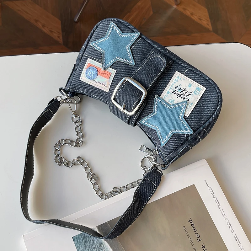 Denim Y2k Shoulder Bags for Women Blue Star Appliques High Quality Small Square Bag New Fashion Casual Luxury Designer Handbags