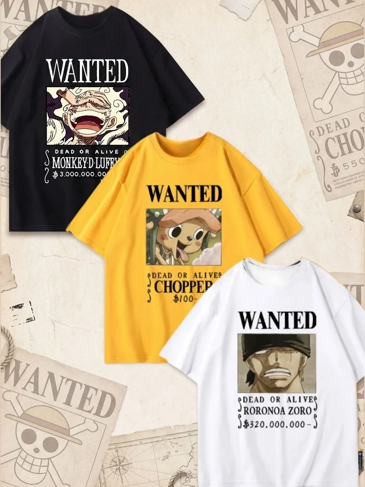 One Piece Wanted Pure Cotton Short T-shirt Luffy Longqioba Reward Order Loose Japanese Anime Top for Men, Women and Children