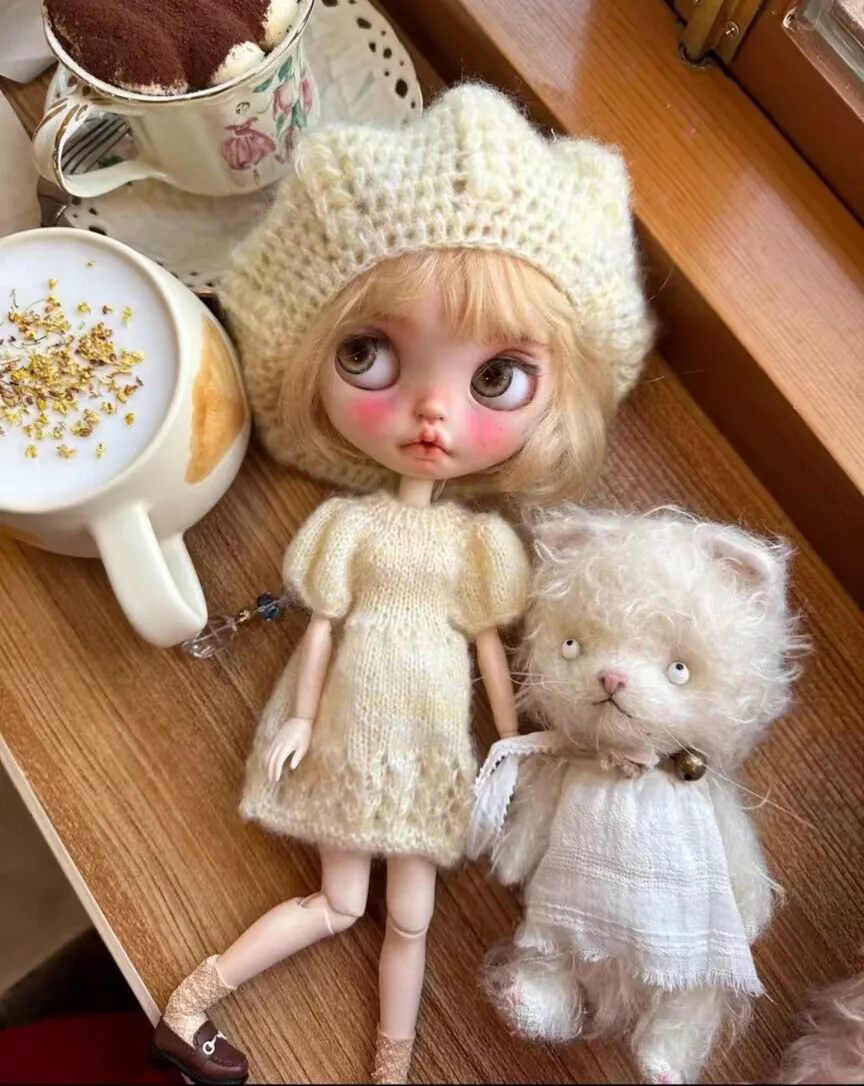 2025 2pcs style Blythe Mohair knitted set Hat, skirt 1/6 30cm(Fit for  azone,Pullip,Ob22/24/26, Licca)