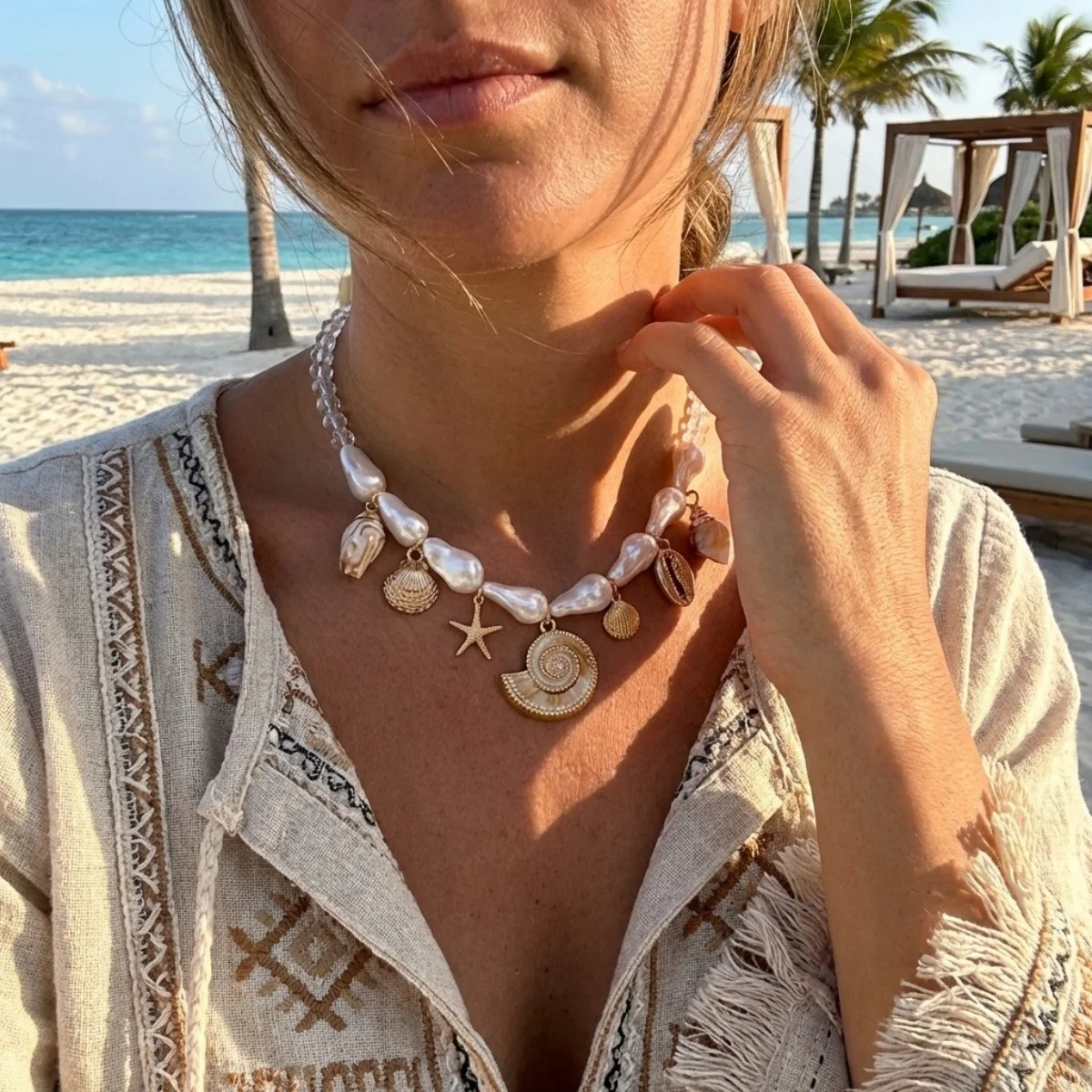 Acryl-Muschel-Seestern-Anhänger-Halskette für Damen und Herren, barocke Imitationsperlen, Kristall, gespleißte Perlen, Choker, Sommerschmuck – Detail 6