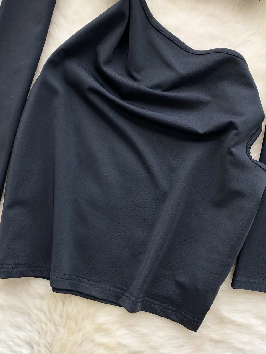 Foamlina Girly แขนยาวผู้หญิงฤดูร้อน Crop Top ไม่สม่ําเสมอ Hem Slim Fit เอว Hollow Out Bodycon Mini Dress