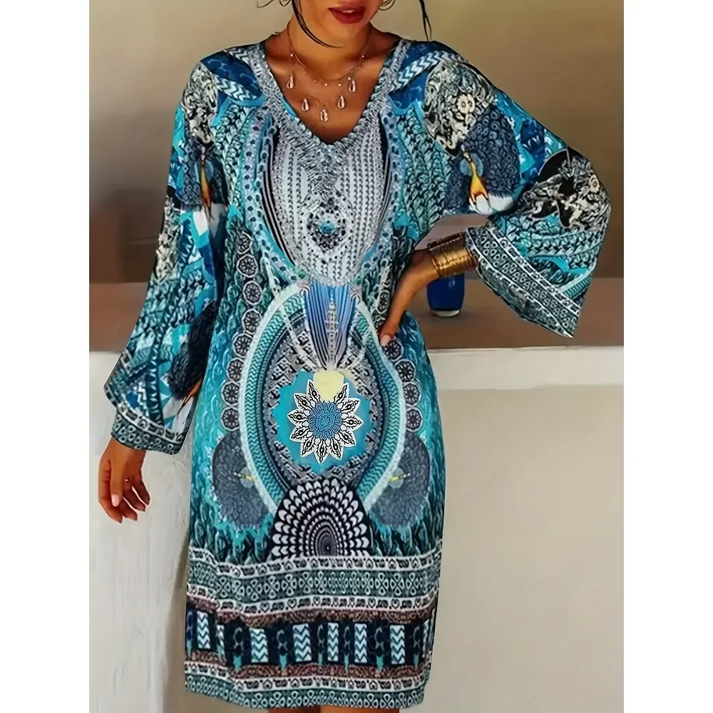 Sukienka damska plus size 1XL-5XL, długa, z długim rękawem, w etniczne wzory, jesienna, codzienna, z dekoltem w serek, idealna na imprezę.