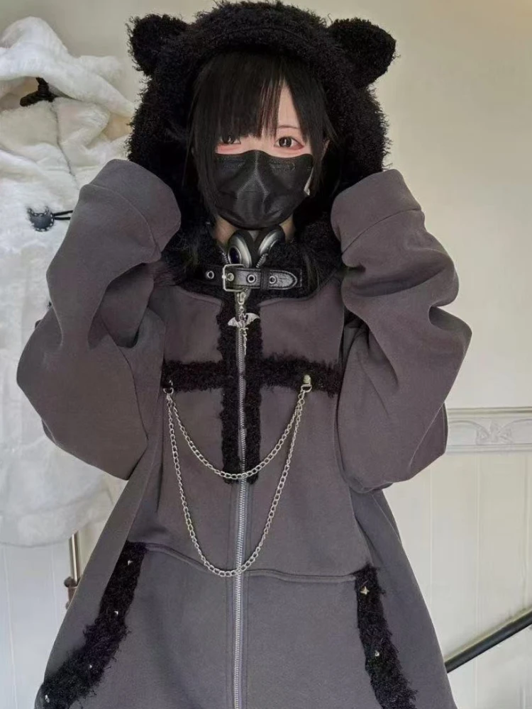 原宿 y2k ヴィンテージ スリムフィット ウエストジッパー フード付きパーカー ジャケット 女性用 カジュアル 秋冬デザイン ジッパーコート 2025年ファッション新作