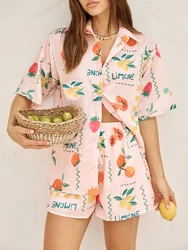 Women Summer 2 Piece Beach Outfits Print Short Sleeve Tops Wide Leg Shorts Set Y2k Holiday Matching Sets Streetwear