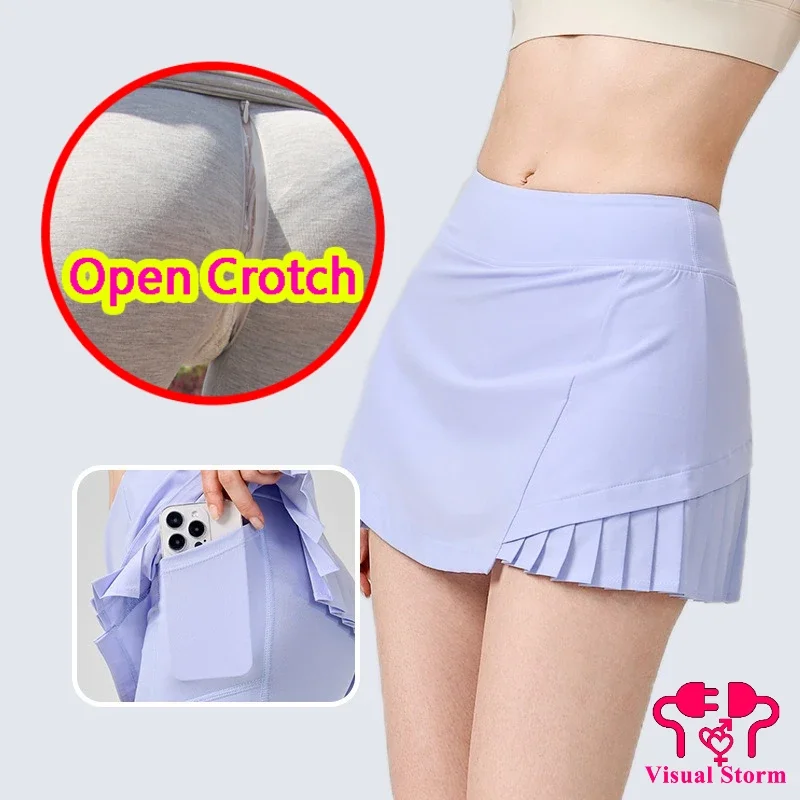 

Woman Open Crotch Shorts Yoga Sporty Mini Leggings Fashion Tennis with Pockets Sexy Fake Skirt Pants Crotchless Gym Clubwear