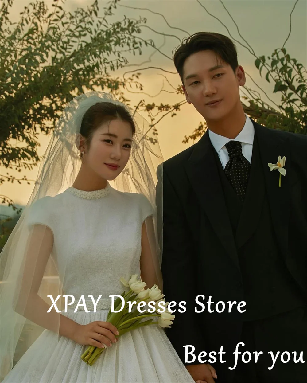 XPAY Gorgeous Wedding Dresses O-Neck Short Sleeves Korea Photo Shoot Dresses Custom Made A-line Draped Elegant Bridal Gown