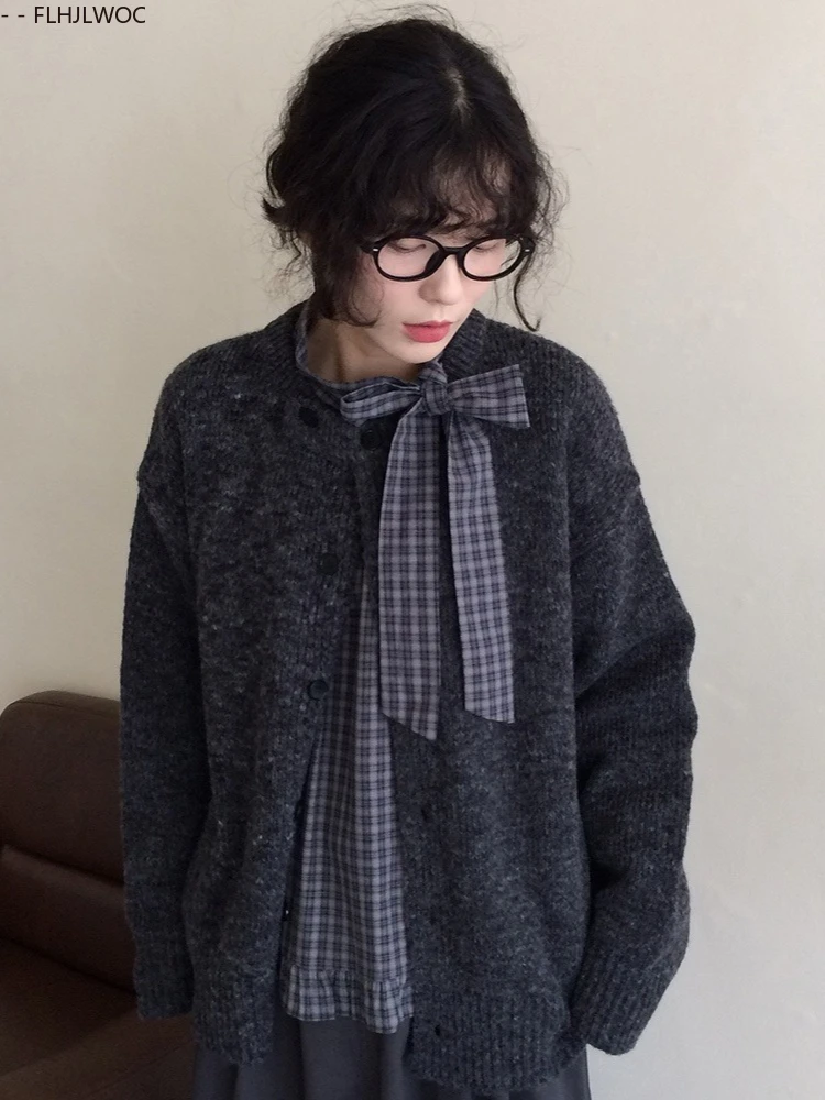 Короткие хлопковые топы, блузки, милые японские девушки, весна 2026, повседневные рубашки в клетку с длинными рукавами в стиле ретро, винтажный топ с галстуком-бабочкой