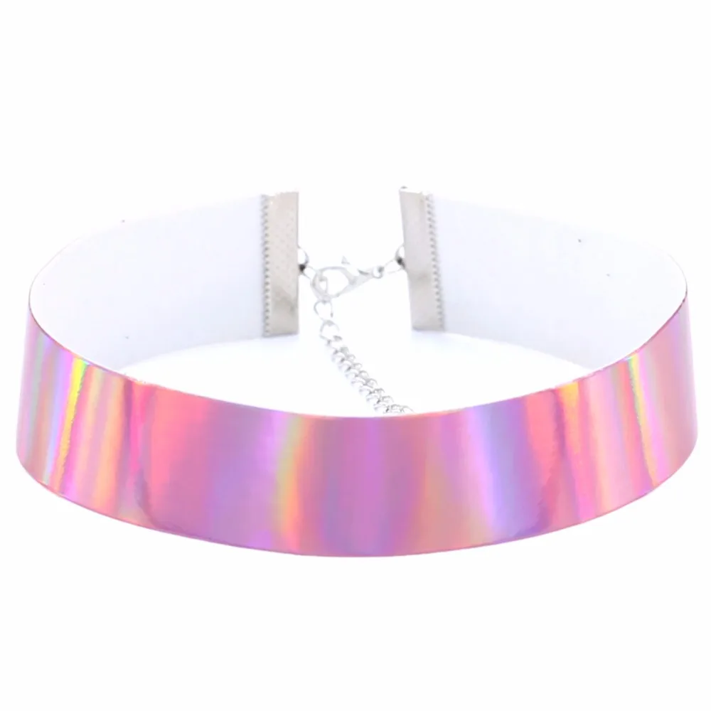 Trendy Holographic Choker Necklace Women 2020 New PU Leather Chocker Handmade Laser Chocker Rainbow Punk Gothic Necklace