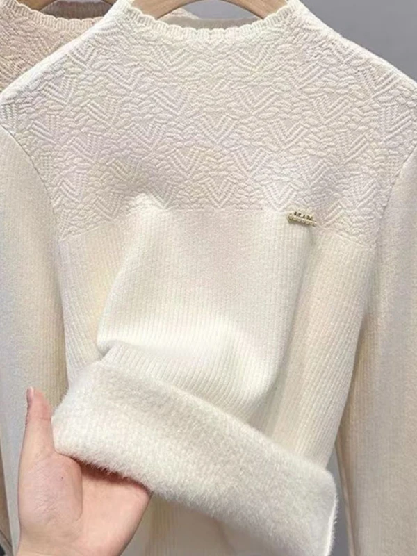 Women's Knitted Fleece Lined Thick Warm Base Shirt Integrated Velvet Soft Cozy Fall Winter New Style Fashionable Top