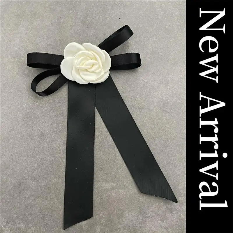 كاميليا القوس بروش أسود أبيض النسيج التعادل شارة الحداد الصدار دبوس الراقية الفرنسية حقيبة أنيقة الملابس وشاح الإكسسوارات بروش #4