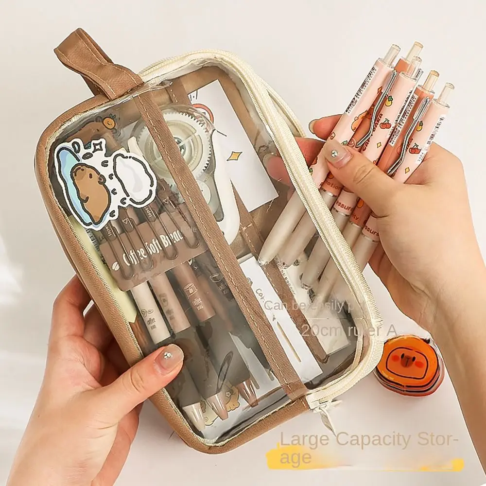Creative Capybara Pencil Case 5 Layers Transparent Pen Bag with Handle Large Capacity Stationery Organizer Student Gift