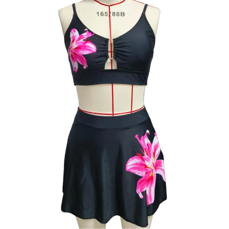 

Женский купальник-платье из двух частей с цветочным принтом: топ с глубоким вырезом и юбка, комплект для плавания 2026