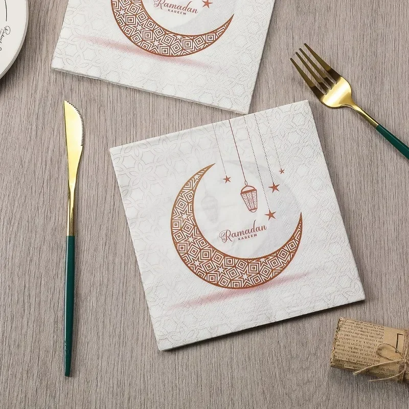 10/20pcs 33cm 2-Ply Golden Moon Printed Napkins Ramadan Festival Decorative Paper Butterfly Bone Bart Paper Wine Glass Flower