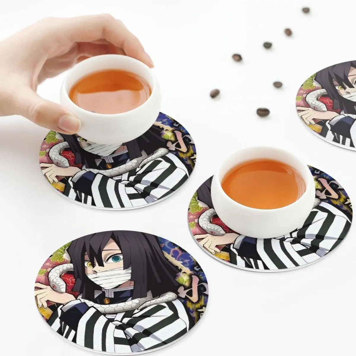 

Подставки Mitsuri Kanroji And Iguro Obanai, кухонные салфетки, изоляционные коврики для чашек, кофейных ковриков для декора, домашняя посуда, подушечки, набор из 4 шт.