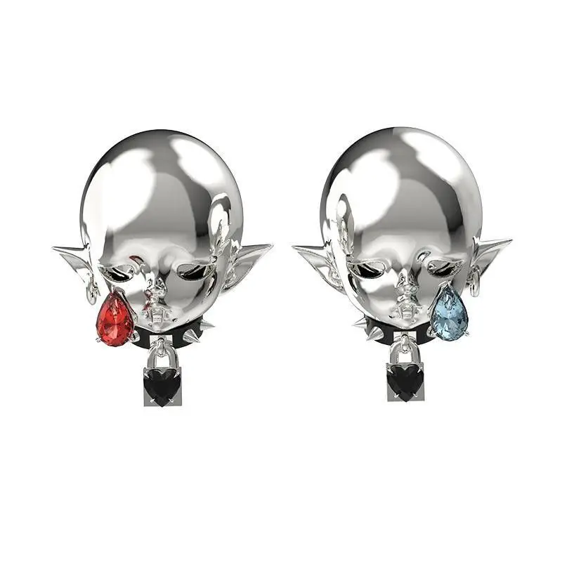 Evil Face Earrings with Red Zricon Cyberpunk Copper Metal Stud Earrings for Men and Women