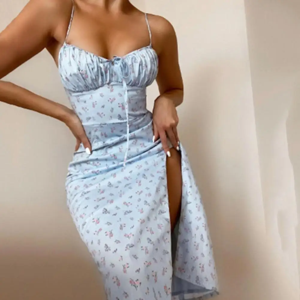 2024 Mouwloze Satijnen Slip Bloemen Ruches Bandage Uitgesneden Maxi Jurk Zomer Vrouwen Mode Sexy Party Club Robe