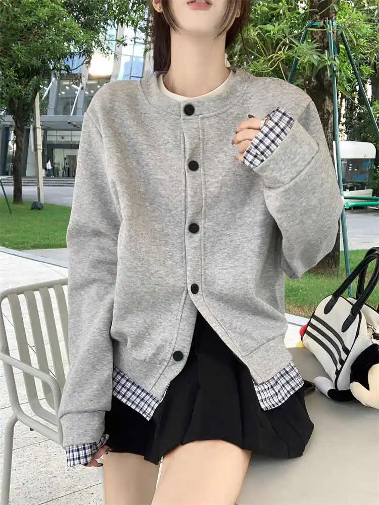 

Women's Grid Splicing Design Round Neck Coat Spring Autumn Casual Top Vintage Outerwear Female Long Sleeved Thin Jacket