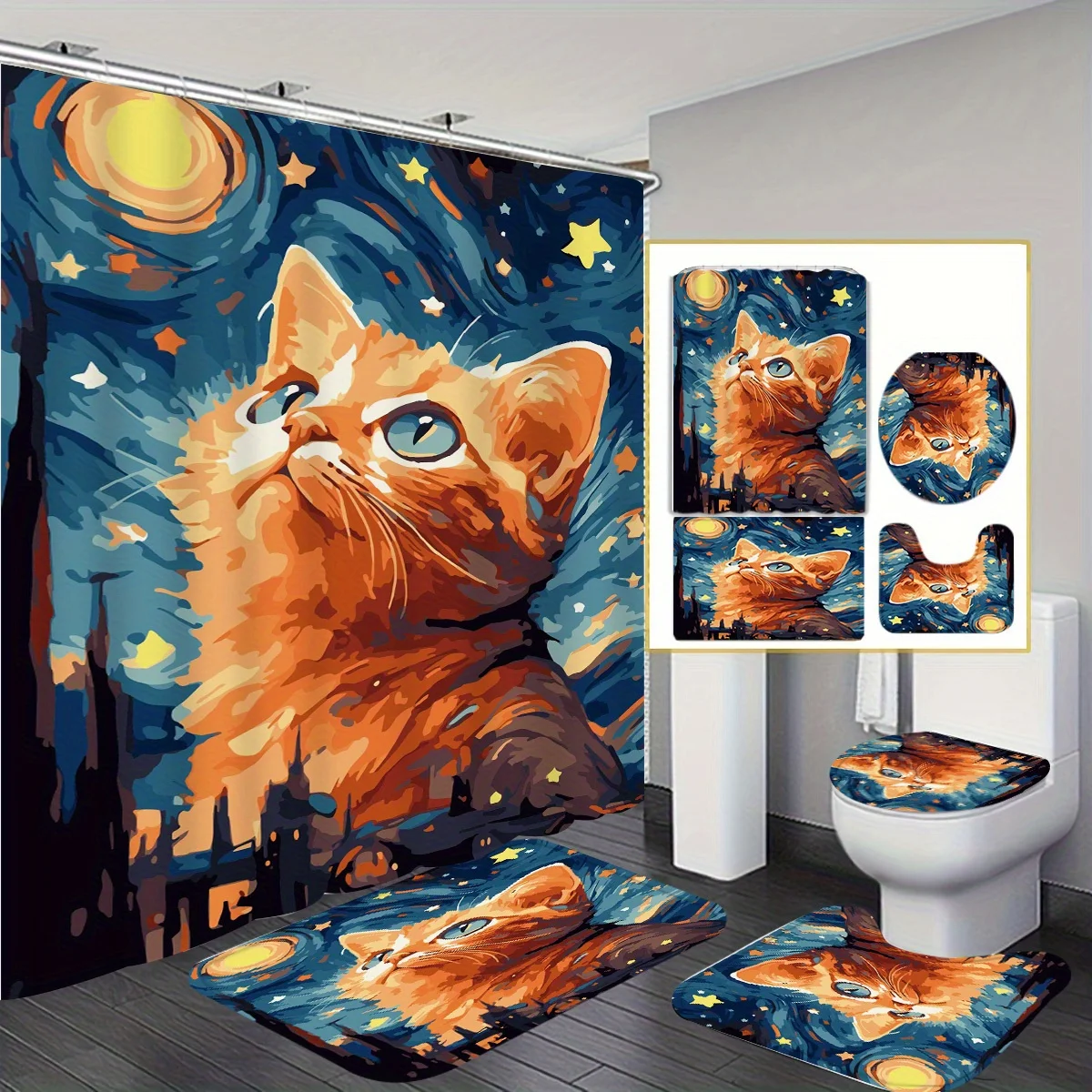 

Starry Night Cat Bathroom Set: Waterproof Shower Curtain, Soft Contour Rug, Stylish Toilet Lid Cover, Non-Slip Bathtub Mat