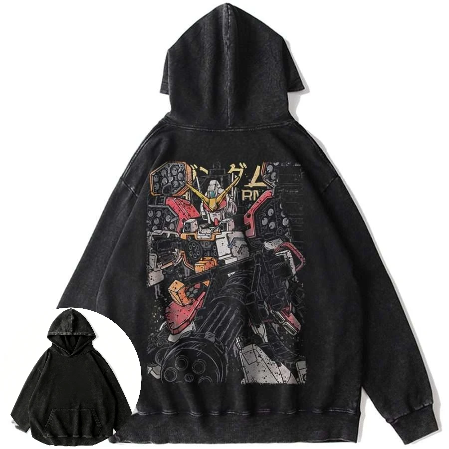 

Mens Vintage Washed Cotton Hoodie Anime Gundam Mobile Suit Graphic with Weapon Loose Fit Y2K Hip Hop Streetwear